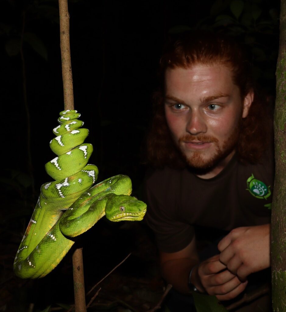Matthew Wallace handling an Emerald Tree Boa